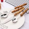 2/4/6Set Bamboo Handle Tableware Set Stainless Steel Flatware Fork Steak Knife Spoon Silverware Set Dinnerware Home Cutlery Set