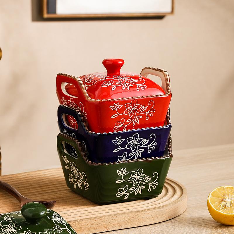 Ceramic Microwave Baking Bowl Home Hand-painted Isolation Painted with Lid Bead Point Snack Candy Dried Fruit Bowl with Cover