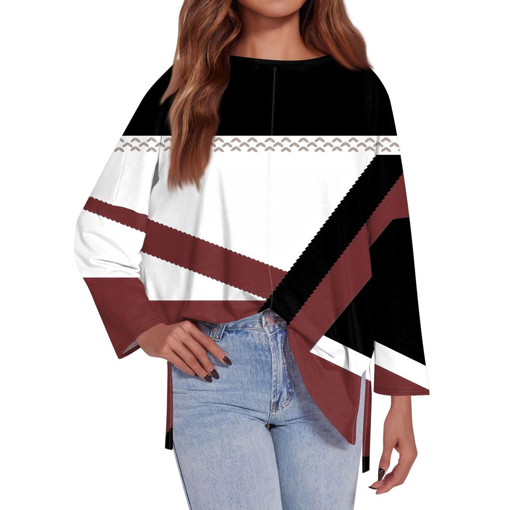 Женская модная свободная футболка большого размера с круглым вырезом и длинным рукавом, с геометрическим узором по бокам, с принтом, повседневный топ