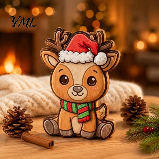 Rustic Deer Table Decor Wooden Christmas Elk Figurine with Santa Hat And Scarf, Cartoon Tabletop Decoration Cute Animal Holiday for Home Party Decor,
