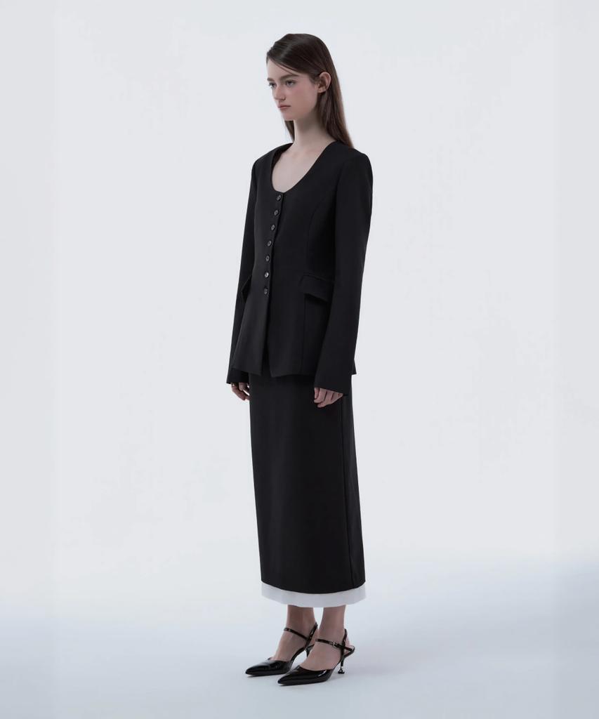 Mausolleum Contrast Layered Slim Line Long Skirt - Black