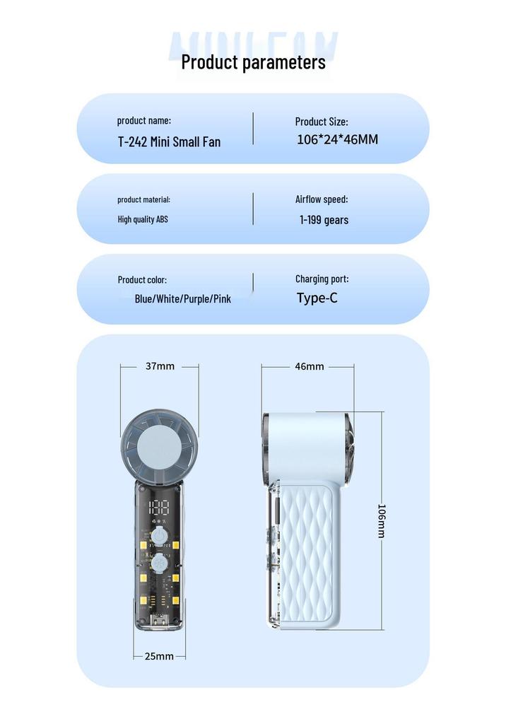 T242 Mini High-Speed USB Fan with Long Battery Life & Digital Display
