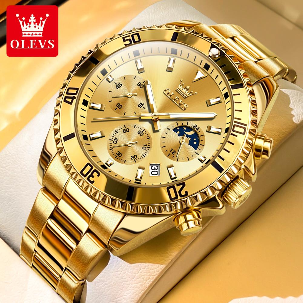 OLEVS Luxury Fashion Men's Watches Fine Steel Chronograph Original Quartz Wristwatch Waterproof Luminous Moon Phase Date 2870