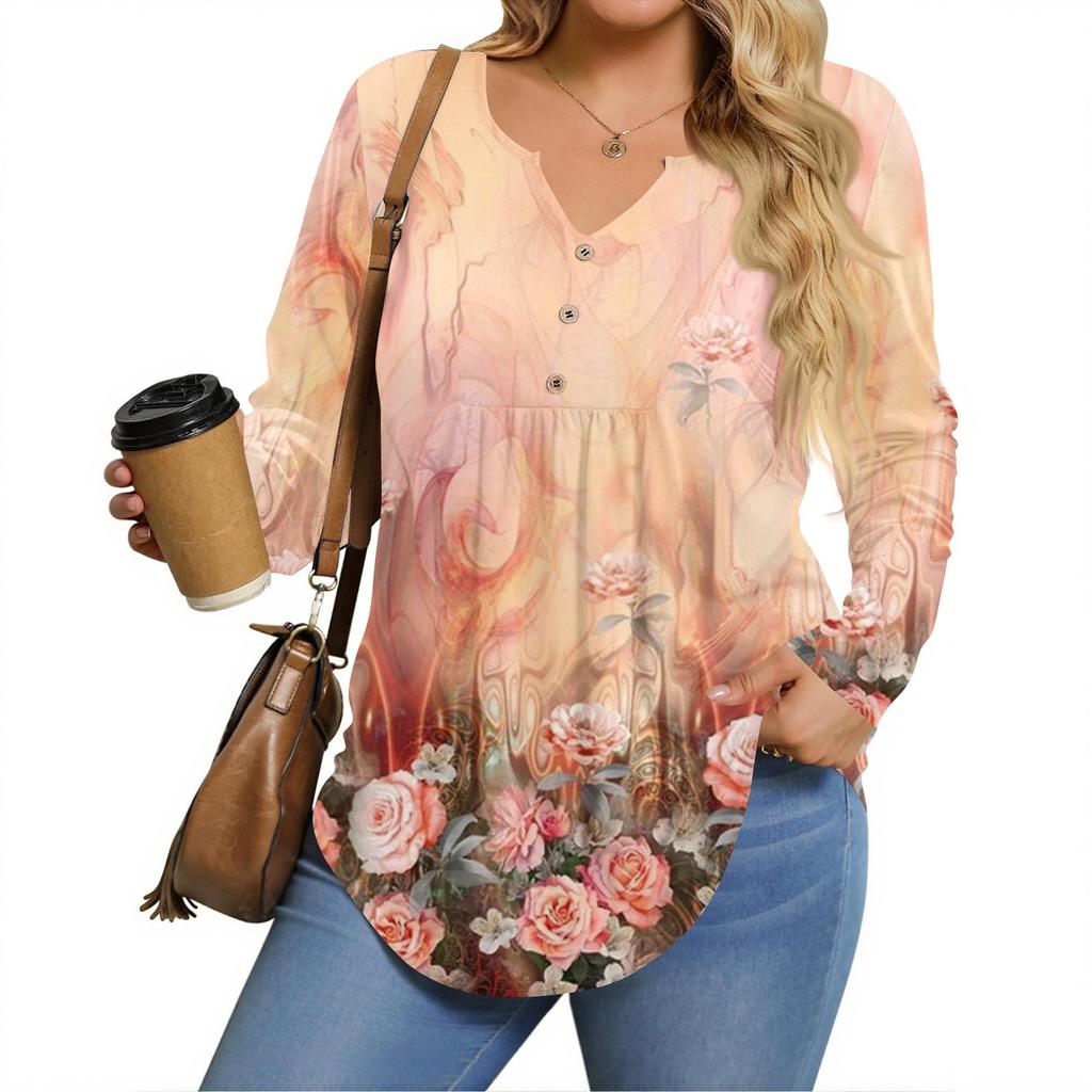 Womens Plus Size Long Sleeve Shirts V Neck Tunic Tops Basic Loose Fit Tee Tops