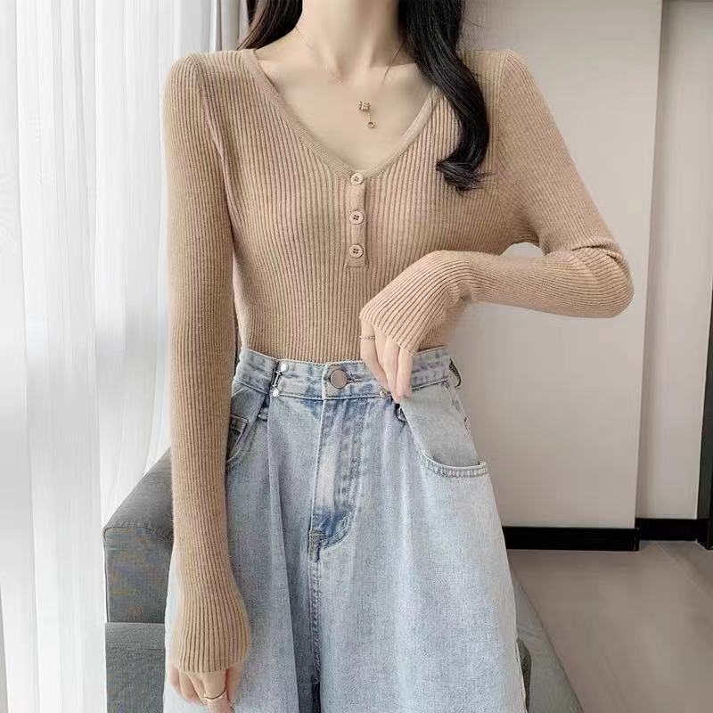 Kuz Qish V-boʻyinli Top Slim Fit Qisqa Bir xil rang Ichki Uzun qisma Asos Trikotaj Sviter Ayollar uchun