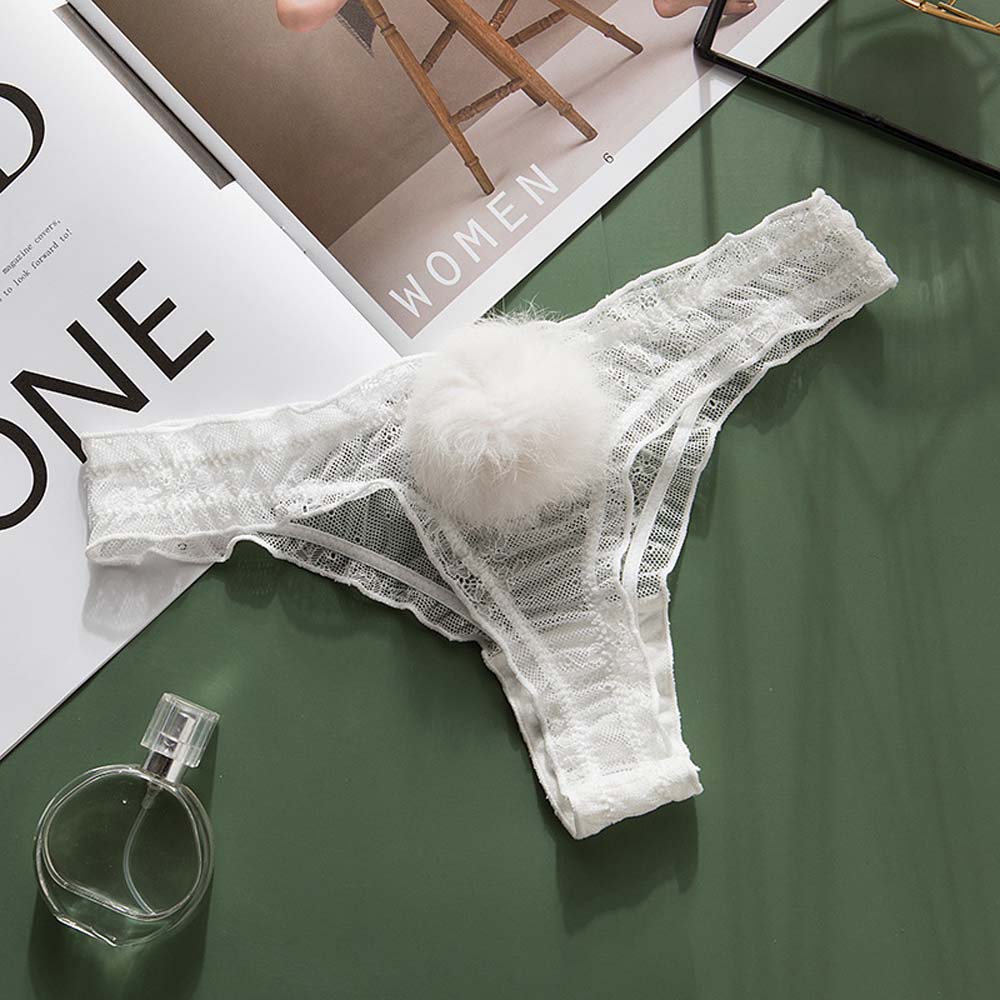 Transparent Plush Ball Low Waist Rabbit Tail Thong Panties Lace G-string
