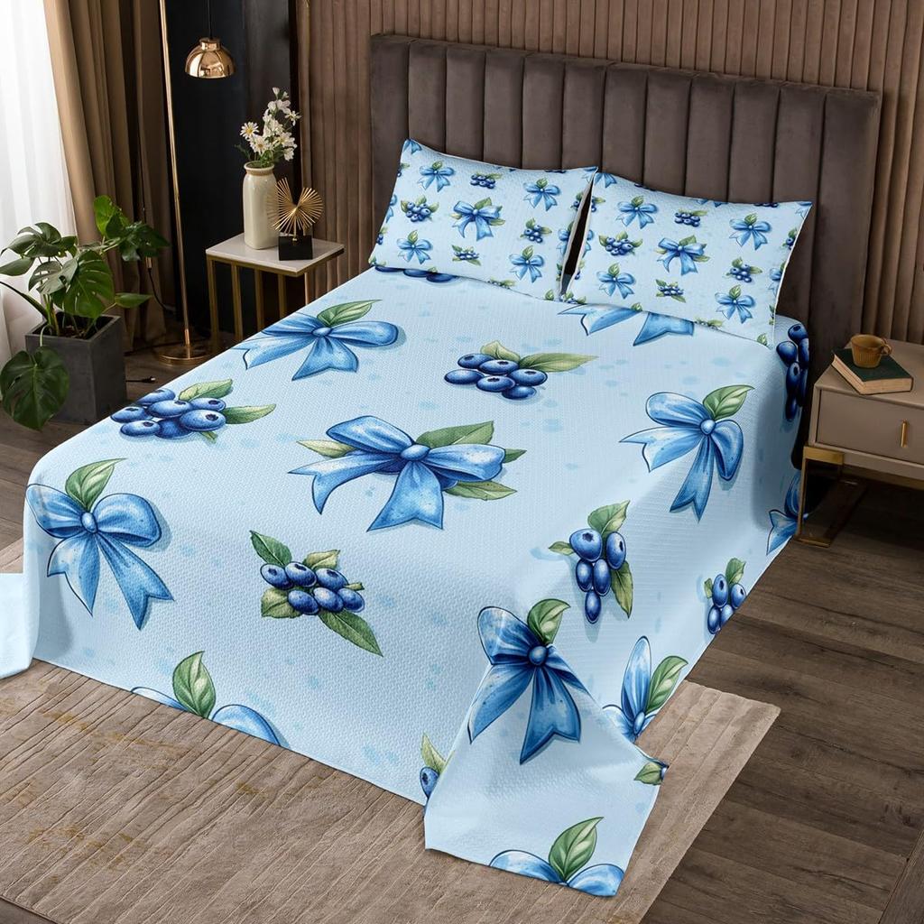 Cartoon Blueberry Bedspread Summer Tropical Fruit Quilted Coverlet Watercolor Botanical Leaves Flower Bedding Set for Teen Adult