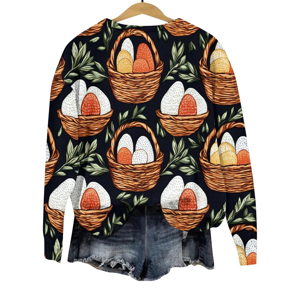 Женская мода Пасха Печатный Длинный рукав Свободный круглый вырез Толстовка Топ