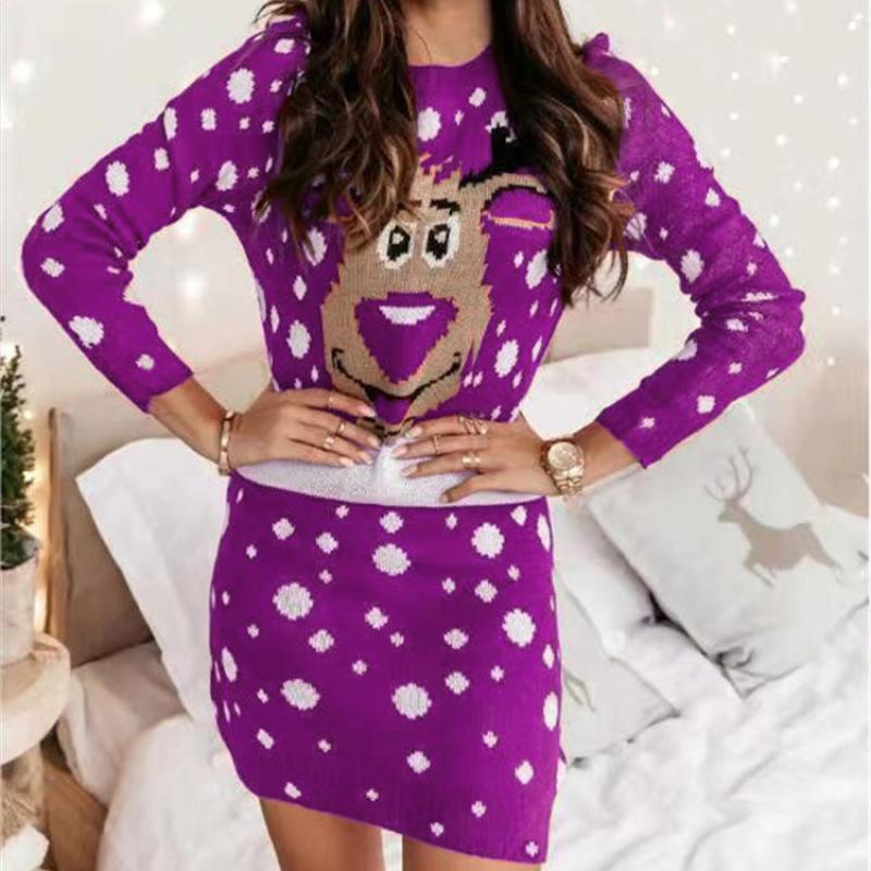 Women's Casual Christmas Print Long Sleeve Bodycon Dress, Slim Fit Sexy Gown Knitted Dresses New Year's Clothes Sweater Dress
