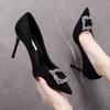 Women Mid Heeled Sandals Black Square Buckle Pointed Thin Heeled Baotou Banquet High Heeled Shoes Womens Shoes Tacones Mujer