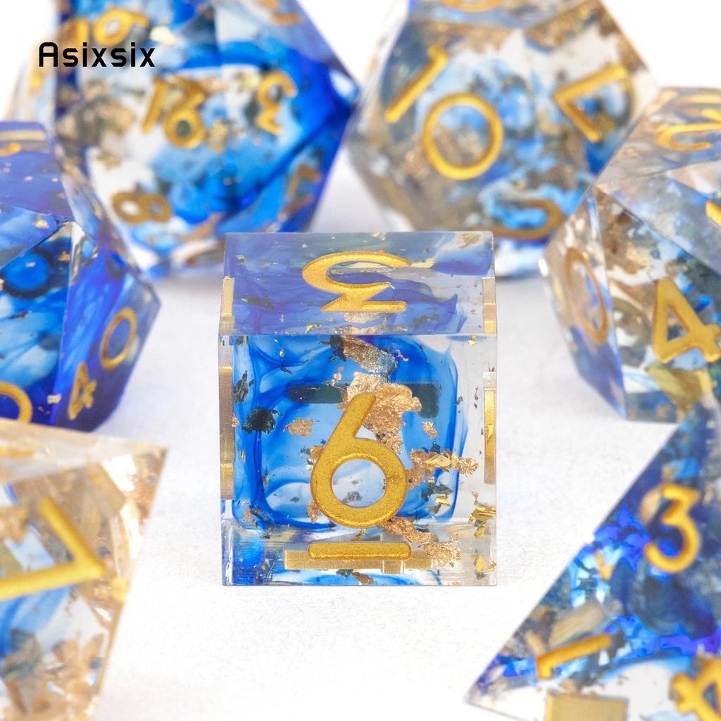 7 Pcs Blue Golden Number Sharp Edge Resin Dice Polyhedral Dice Suitable for Role-Playing RPG Board Game