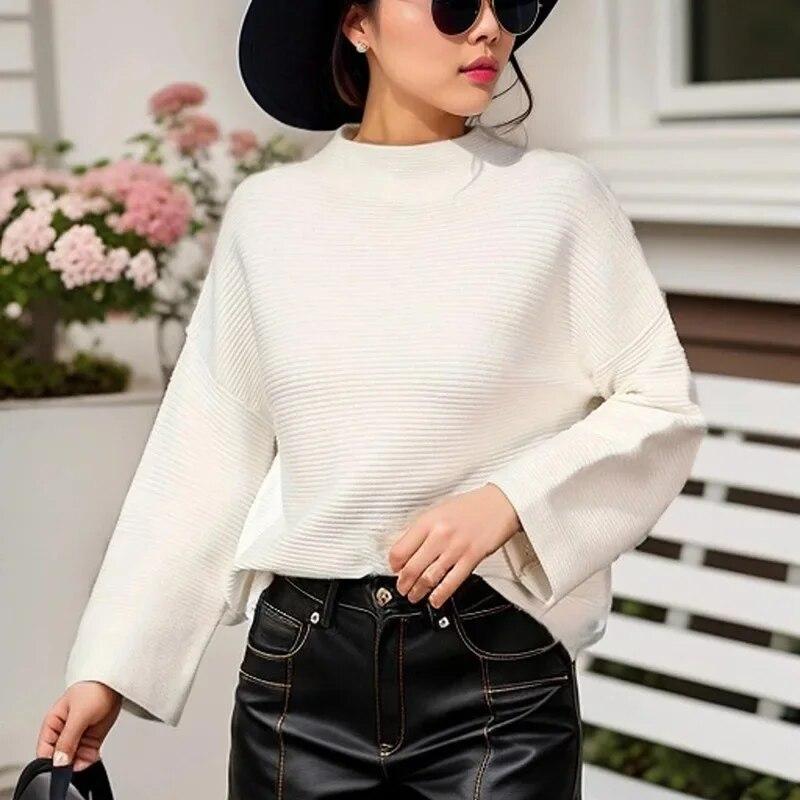 Autumn Pullover Loose Sweater Womens Knitted Pullover Fashion Base Sweater Solid Color Tops Womens Sweatrs Elegant 30406