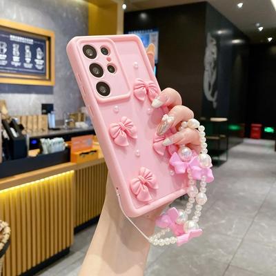 3D Жемчужно-розовый Бант Шнурок Чехол для Телефона Для Samsung Galaxy S24 S25 Ultra S23 S22 S21 Plus A53 A54 Браслет Ремешок на Запястье Мягкий Чехол