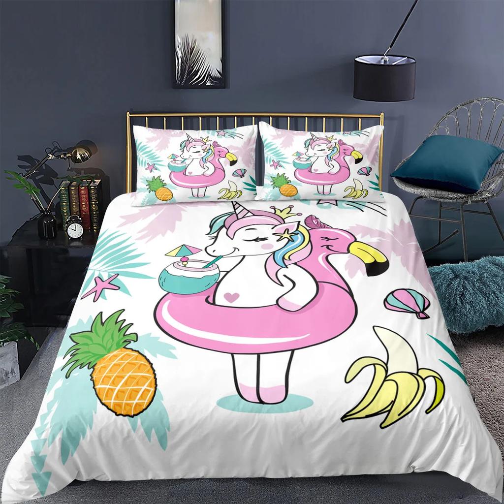 Unicorn Bedding Set King Queen White Pink Unicorn Duvet Cover For Girls Boys Dreamy Cartoon Sparkle Lilac Polyester Quilt Cover