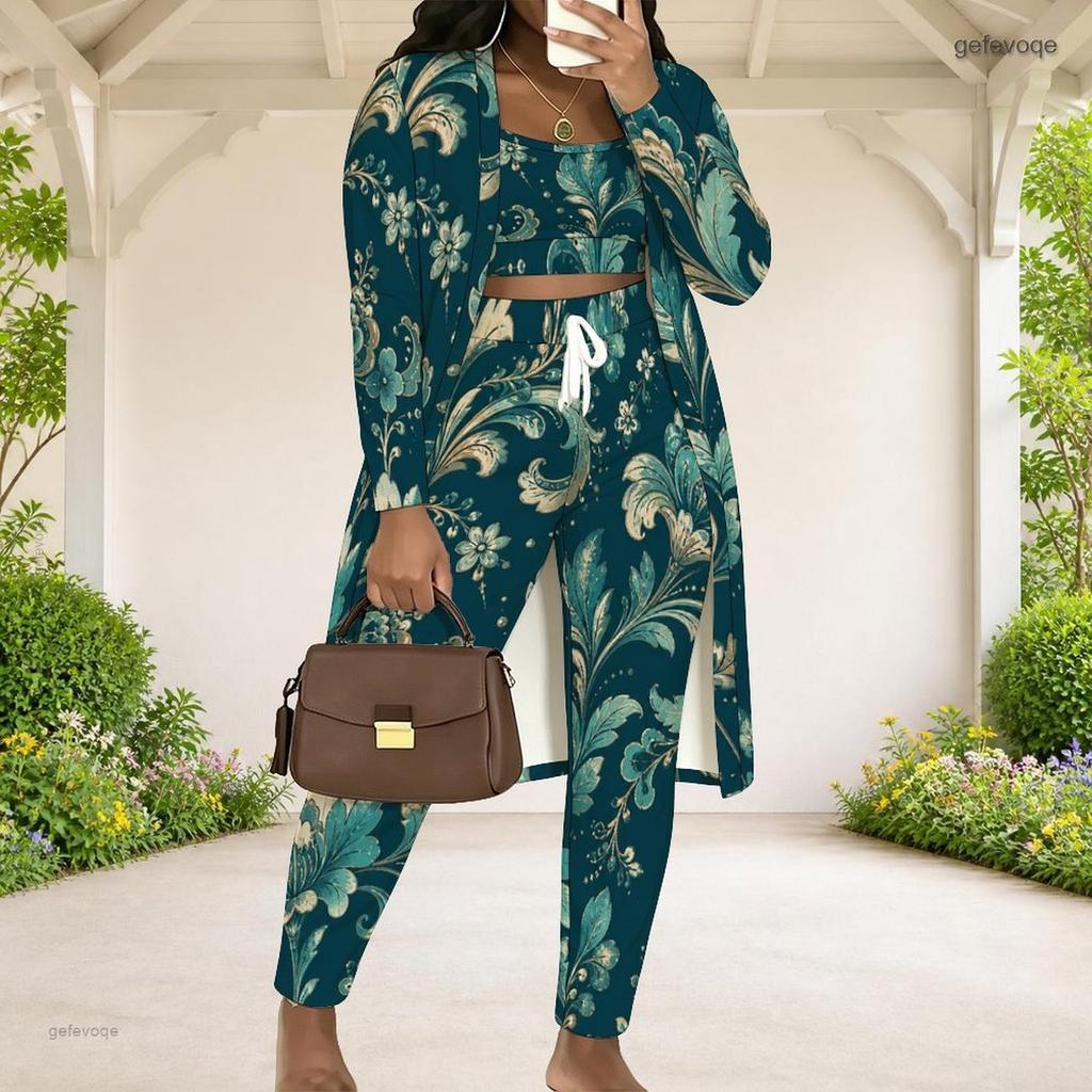 Women Plus Size Teal Floral Printed 3 Piece Set Long Sleeve Open Front Cardigan Crop Top Long Pants