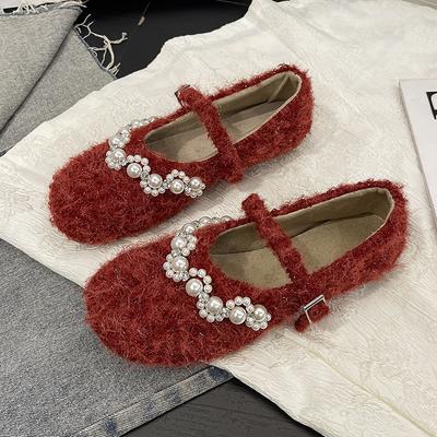 Модная осенняя новая плоская обувь одинарного фасона женская с круглым носком, мелким вырезом, линией из бусин, с мягкой подошвой, противоскользящая, низкая