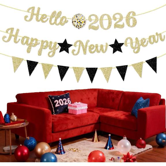 2026 New Year Holiday Decoration Banner Golden Letter Glitter Hello 2026 Happy New Years Banner Black Triangle Flag Star for Happy New Year