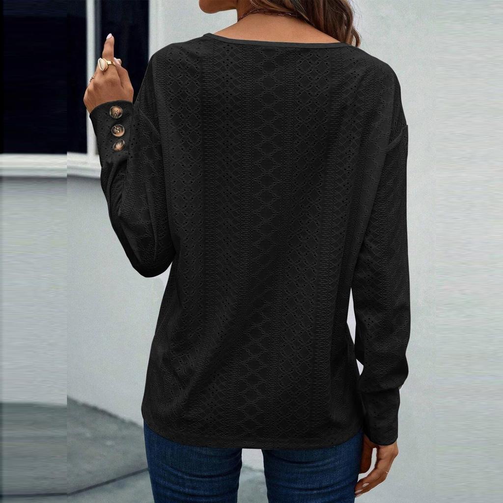 Women's Tops Casual V Neck Long Sleeve Buttons Hollow Out Shirts