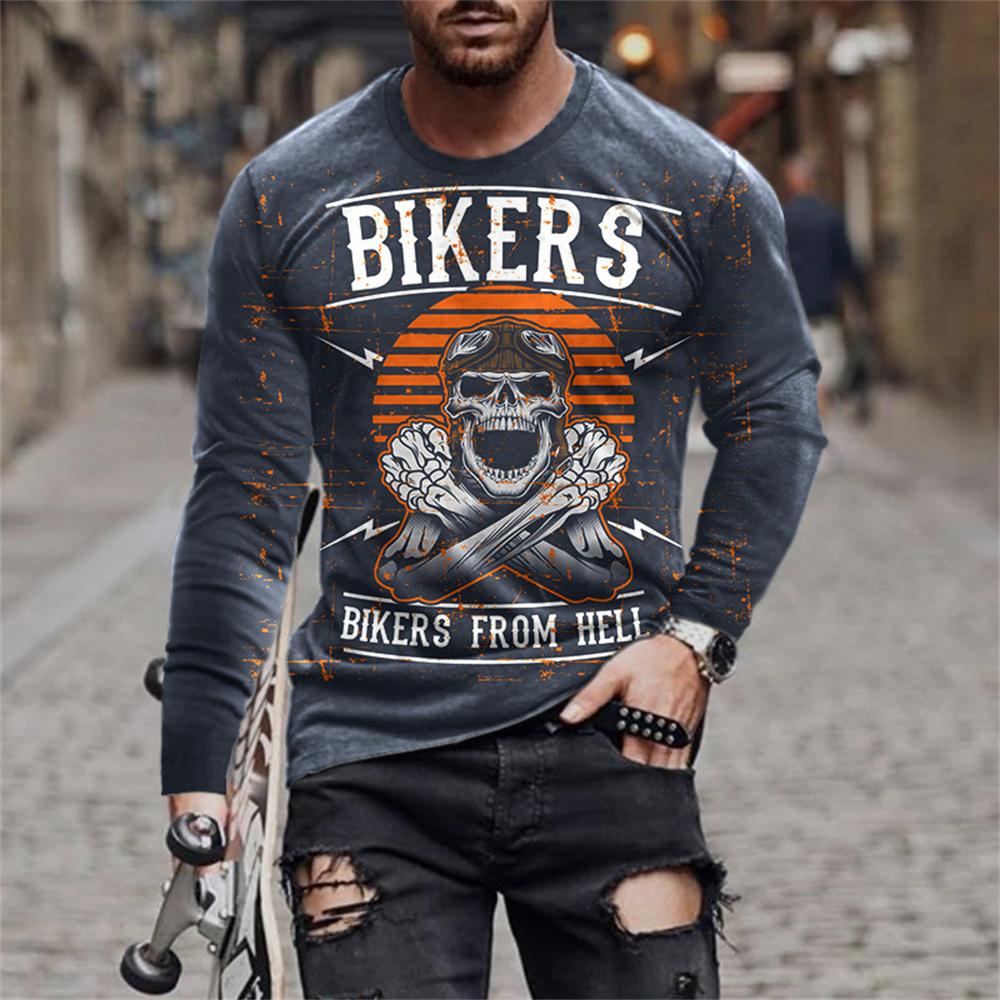 Horror Skull Head Print Graphic T Shirts Fashion New Men's Long Sleeve Round Neck T-shirt Retro Streetwear Y2k Tops