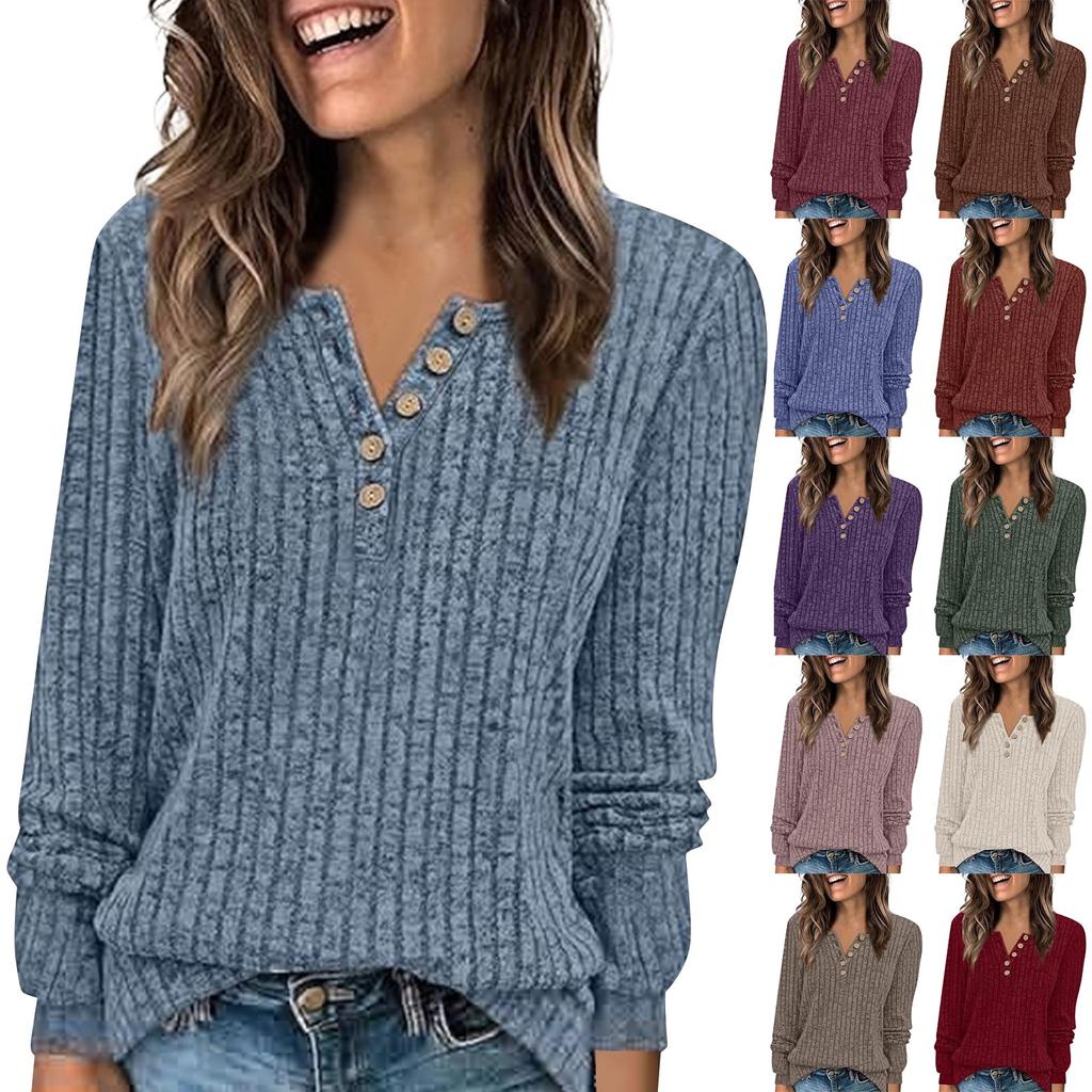 Women's Fashion Long Sleeve T-Shirt Solid Color Button Decoration Top