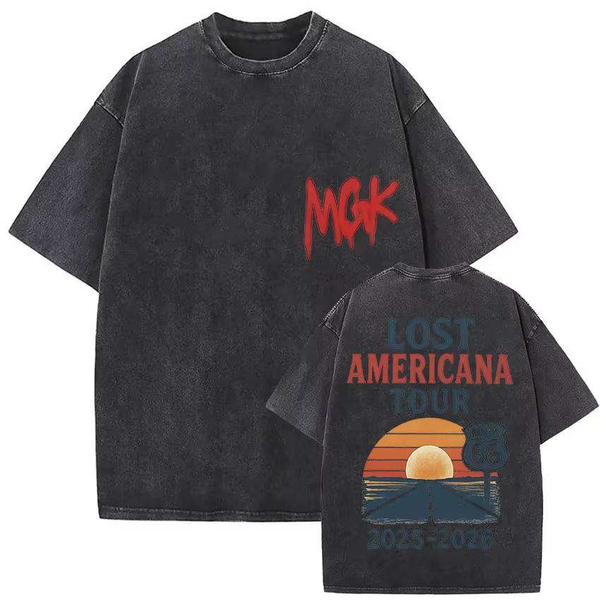 Rapper MGK Lost Americana Tour T-shirts Machine Gun Kelly Vintage Washed Graphic T Shirt Man's Hip Hop Short Sleeve T-shirt