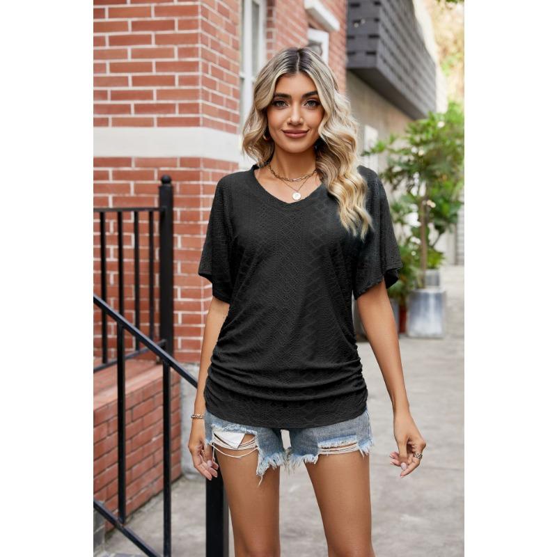 Summer Women's T-shirt with Hollowed Out V-neck Pleated Casual Top