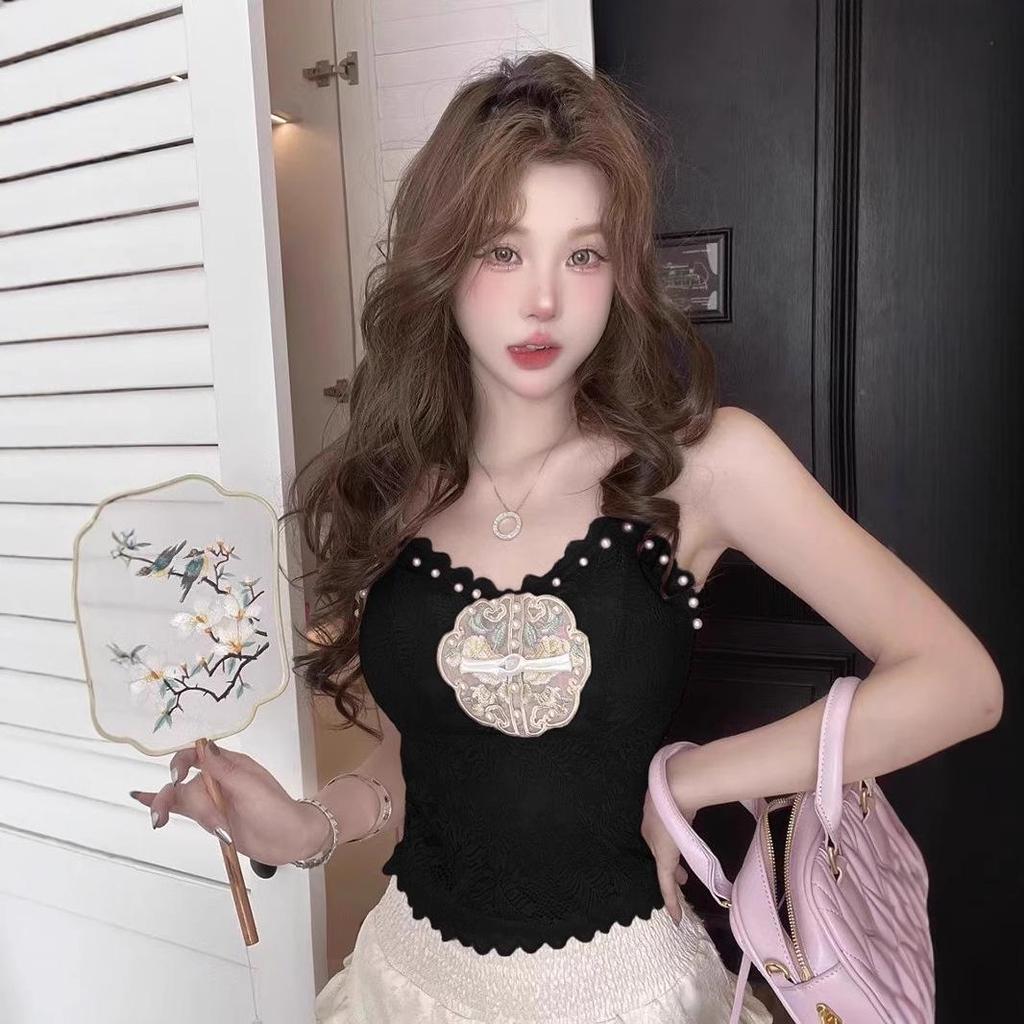 Summer Women's National Style Lace Camisole Halter Top with Chest Pads