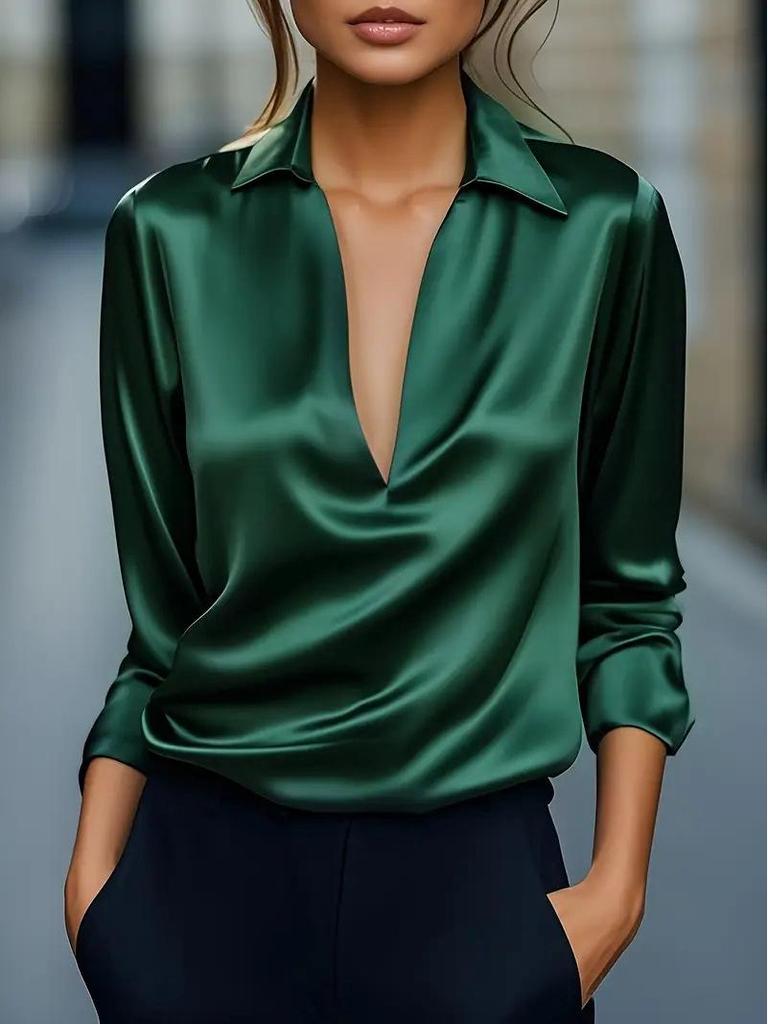 Элегантная женская рубашка с глубоким V-образным вырезом и длинным рукавом, Осень 2025 - Однотонная, Стиль для офиса