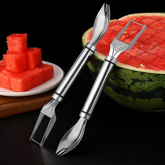1/2Pcs Watermelon Fork Slicer Stainless Steel 2 In 1 Cutter Round Fork Head Portable Kitchen Fruit Cutting Fork for Watermelon Chunks Cake Bread Pizza