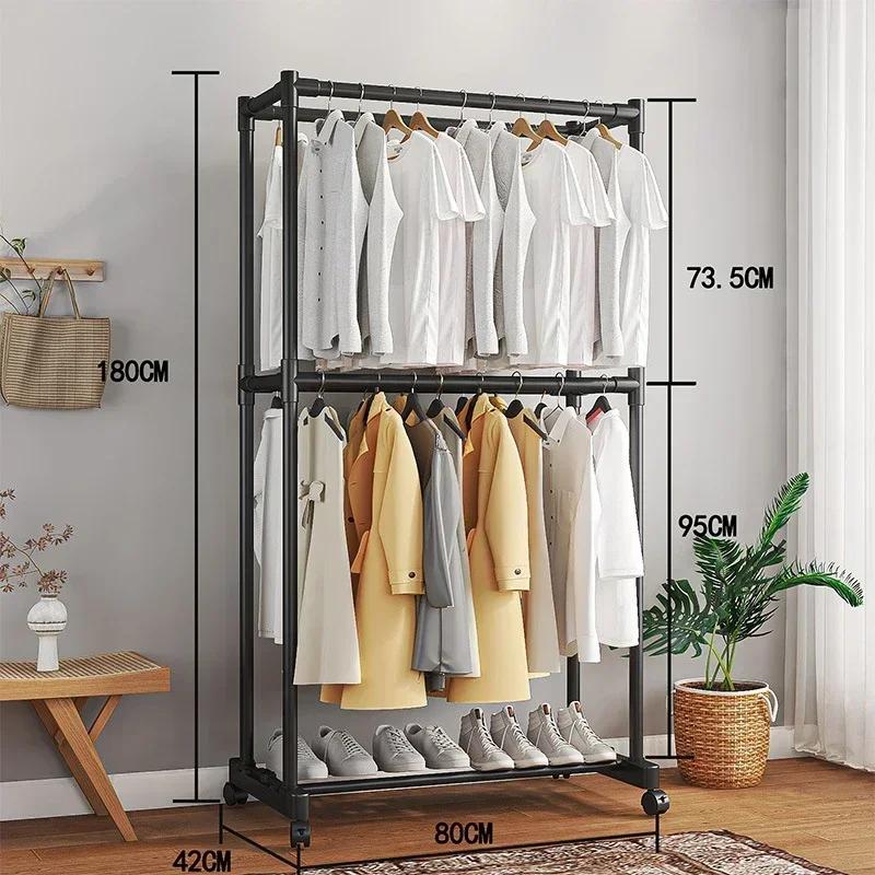 Double-pole Coat Rack Floor Standing for Movable Clothes Rack Modern Minimalist Clothes Rack Bedroom Light Luxury Storage Shelf