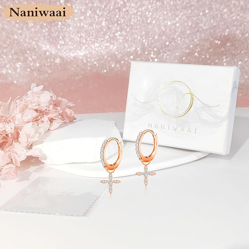 Naniwaai Earrings Ladies April Birthstone Hoop Sway 2Way Flower Woman Silver Compatible with Metal Allergies Cross Adult Accessories Present Birthday