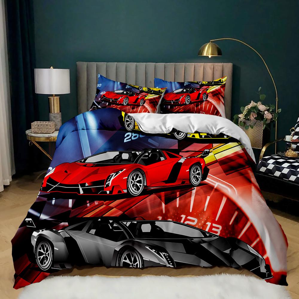 Race Car Bedding Set Twin Size Burning Red Flame Duvet Cover Set 3D Sports Car Duvet Cover 3Pcs Bedclothes King Duvet Cover