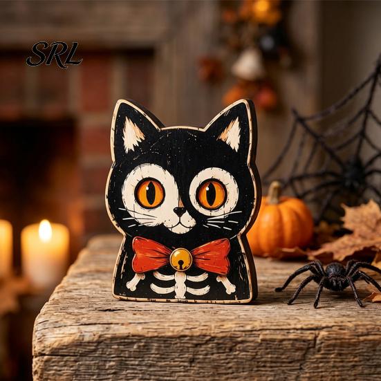 Unique Halloween Gift Ideas Vintage Wooden Decor, Cat Mummy Skeleton Figurines, Tier Tray Display Fall Farmhouse Tabletop Centerpiece for Shelf Mantel