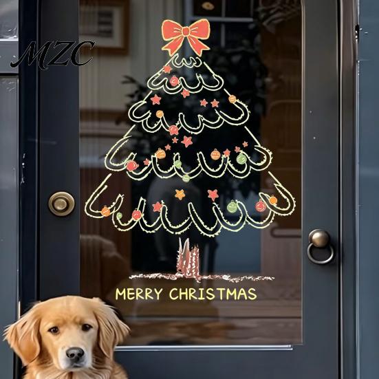 Festival Atmosphere Decors Christmas Tree Window Sticker, Simple Line Static Cling Decal, Waterproof Art Removable Festive PVC Decal for Holiday Home