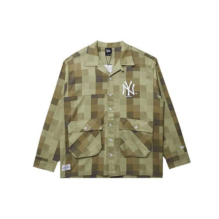 New Era MLB Нью-Йорк Янкиз Клетчатая рубашка с длинным рукавом с буквой Унисекс Оливково-зеленая 13095659