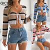 Summer Hollowed-out Contrasting Color Striped Tie Long-sleeved Crop Top Knitted Cardigan Sun Protection Shirt for Women
