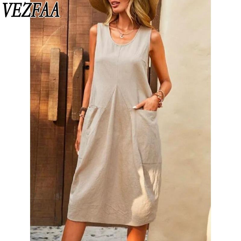 VEZFAA Женские модные летние весенние однотонные повседневные платья без рукавов с U-образным вырезом и свободной талией