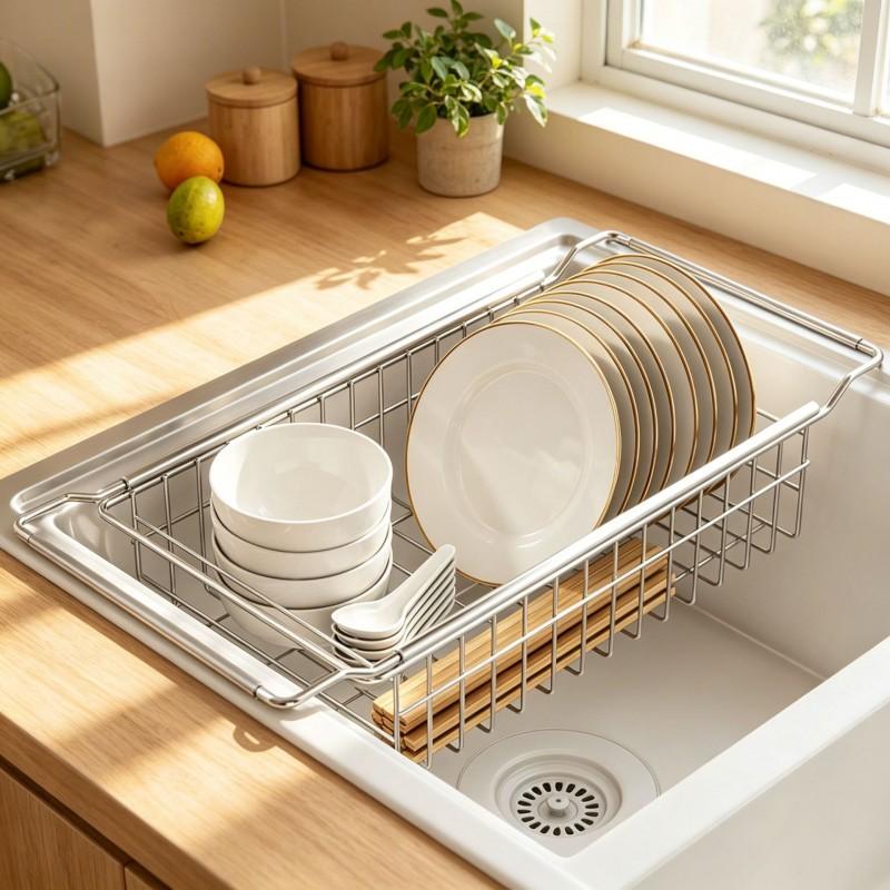 Stainless Steel Adjustable Sink Side Drying Rack Kitchen Countertop - Single Tier Modern Minimalist Dish Drainer Organizer