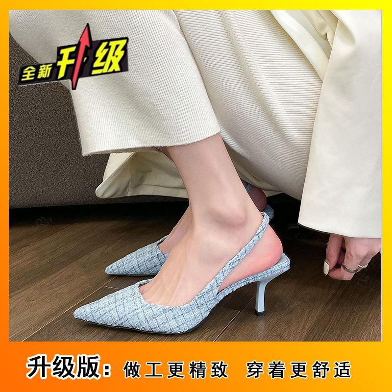 Высокочувственный нишевый морской солевой синий мешок голова чистое желание высокие каблуки женские 2025 лето новый задний пустой сандалии маленький ароматный одинарные туфли