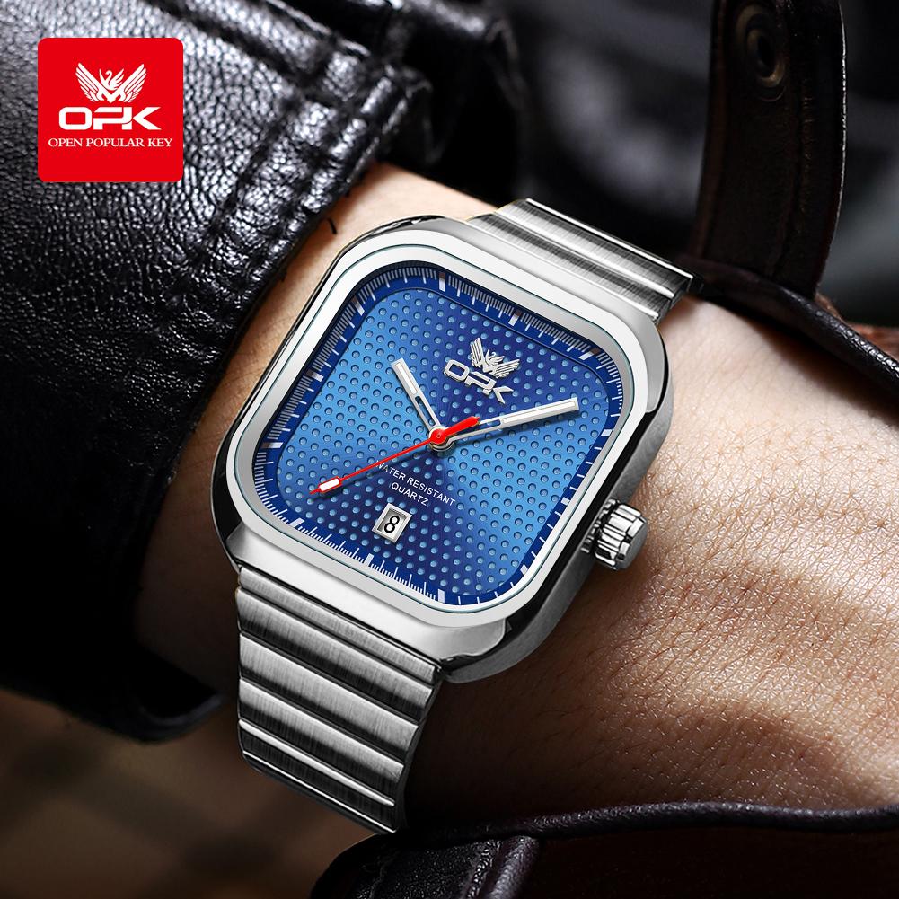 OPK 6041 Elegant Square Man Watch Steel Strap Waterproof Luminous Auto Date Men's Watches Original Quartz Wrist Watches for Men