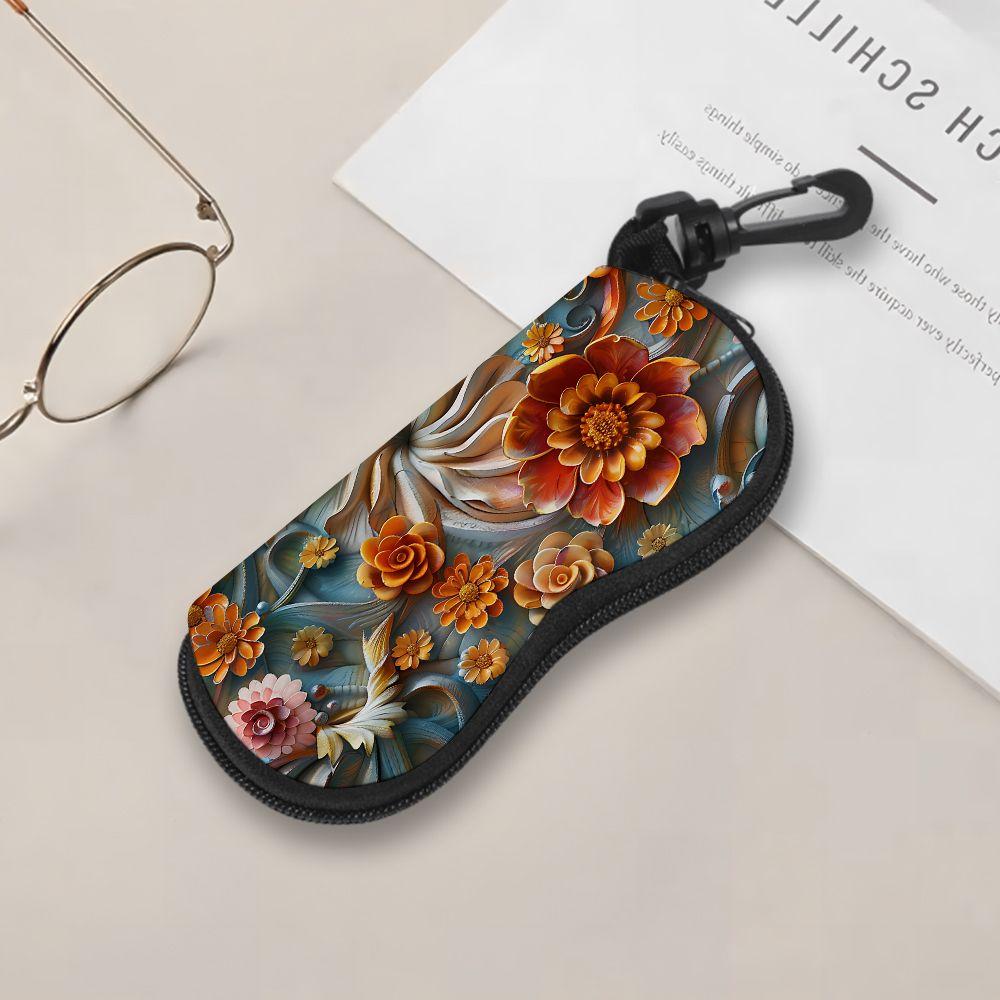 2D-Vintage Floral Art Print Sunglasses Case, Decorative Embossed Flower Eyeglasses Storage Pouch, Zipper Protective Eyewear Container for Travel Gift