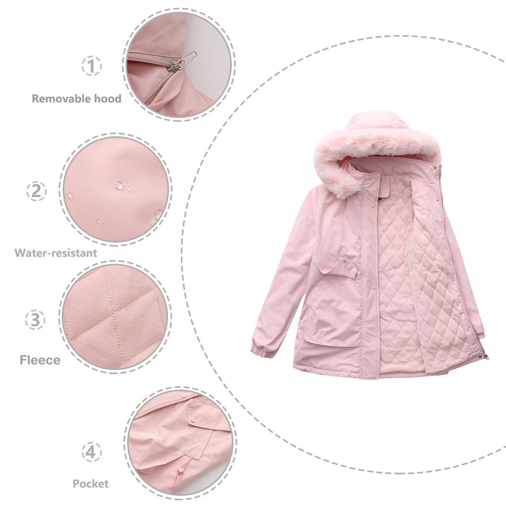 European and American-style Long Winter Parka for Women, with Fleece Lining and Large Fur Collar