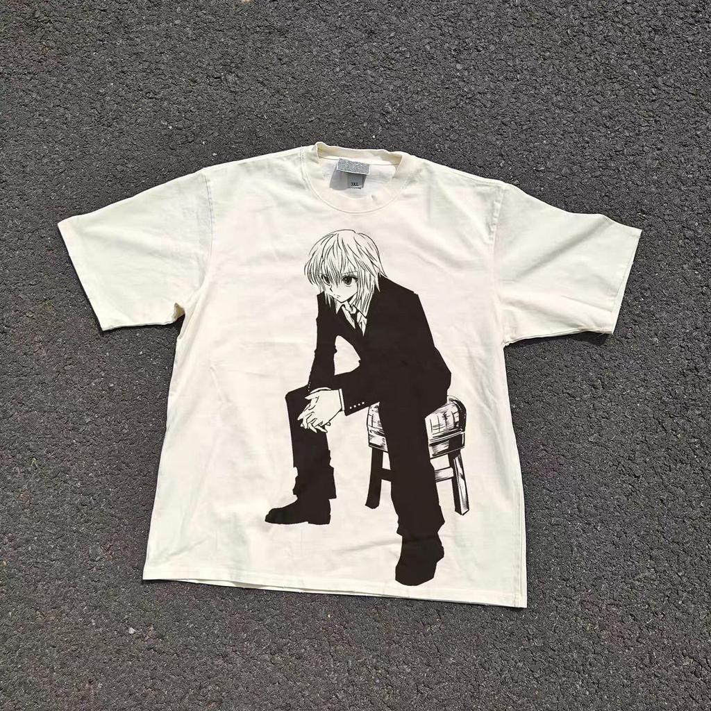 Мужская и женская летняя базовая футболка с коротким рукавом из плотного белого хлопка 200 г с крупным принтом Хантер Курапика