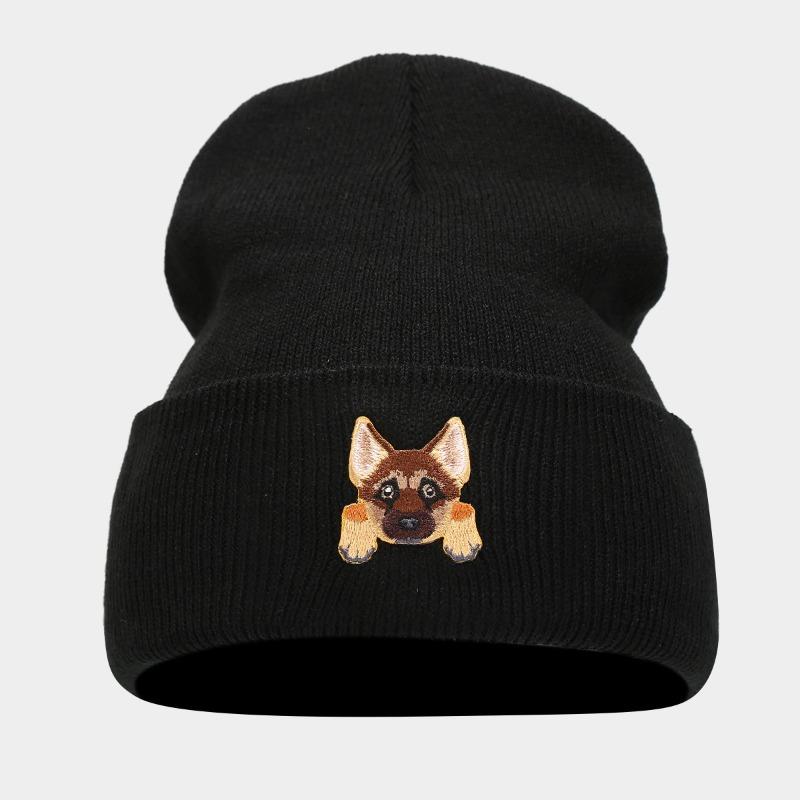 Cute Puppy Head Sticker Knitted Hat Autumn and Winter Street Fashion Crimped Pullover Black Hat