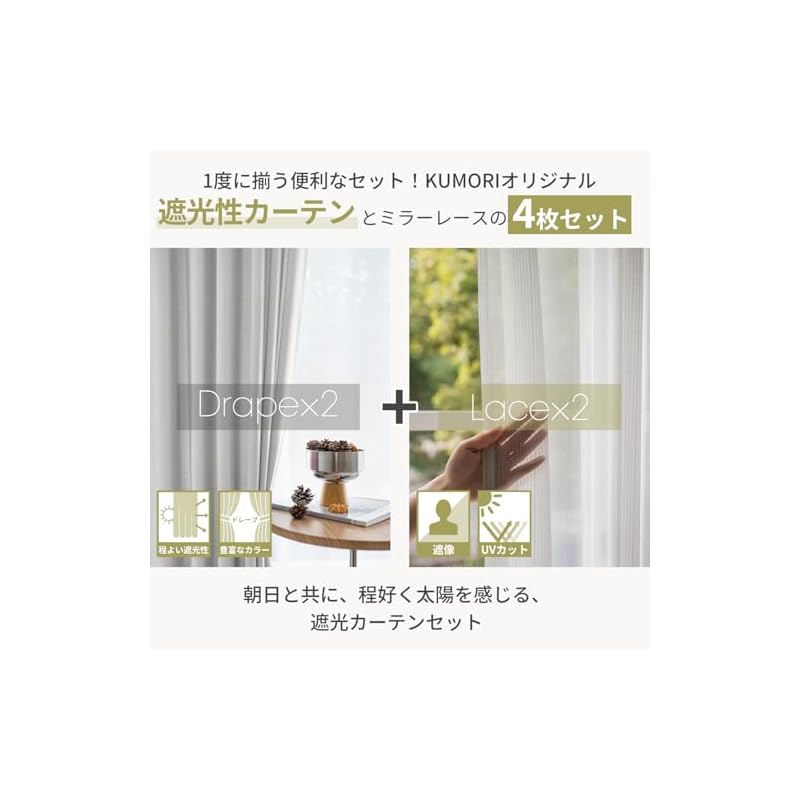 Шторы Kumori, Комплект из 4 штук: Средняя светонепроницаемость, легкие, теплоизолирующие, УФ-защита, ширина 100 см x длина 135 см (2 плотные панели и 2 кружевные панели),