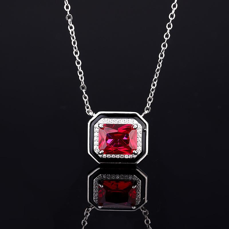 Jewelry set European and American retro fashion color treasure simulation red corundum square stud earrings ring necklace women's