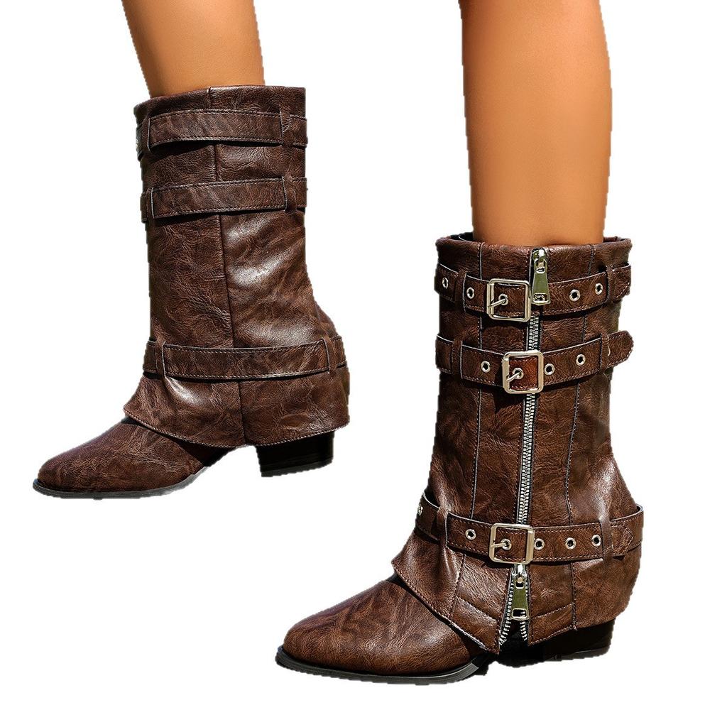 Coarse Heel Pointed Pants Martin Boots Women's Autumn and Winter Fashion Rivet Side Zipper Maillard Western Skinny Boots
