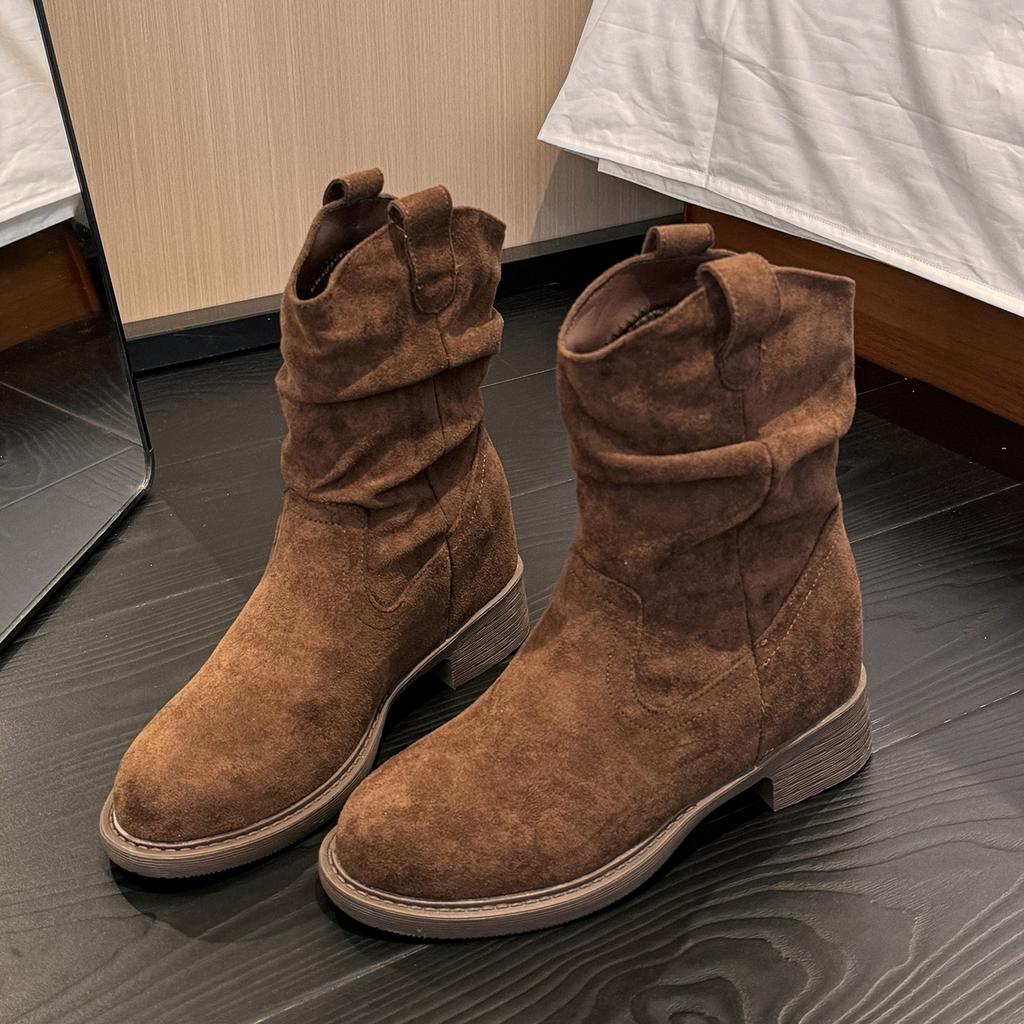 Ретро круглый носок короткие ботинки женские 2025 осень новая мода универсальные повседневные средней длины голенища плиссированные вестерн на меху мартинсы