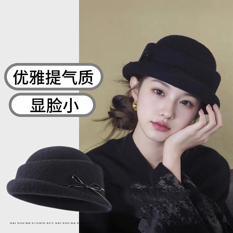 Black wool top hat beret women's new autumn and winter French Hepburn style foreign hat bucket hat