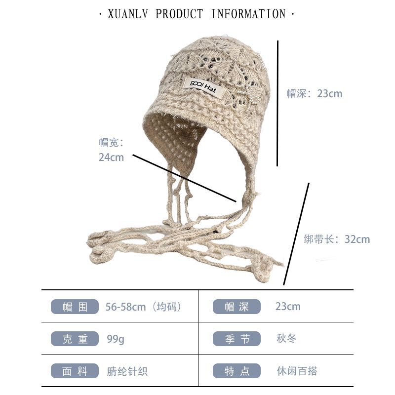 New bow strap hollow knitted ear hat women's autumn and winter sweet girl versatile face small wool hat